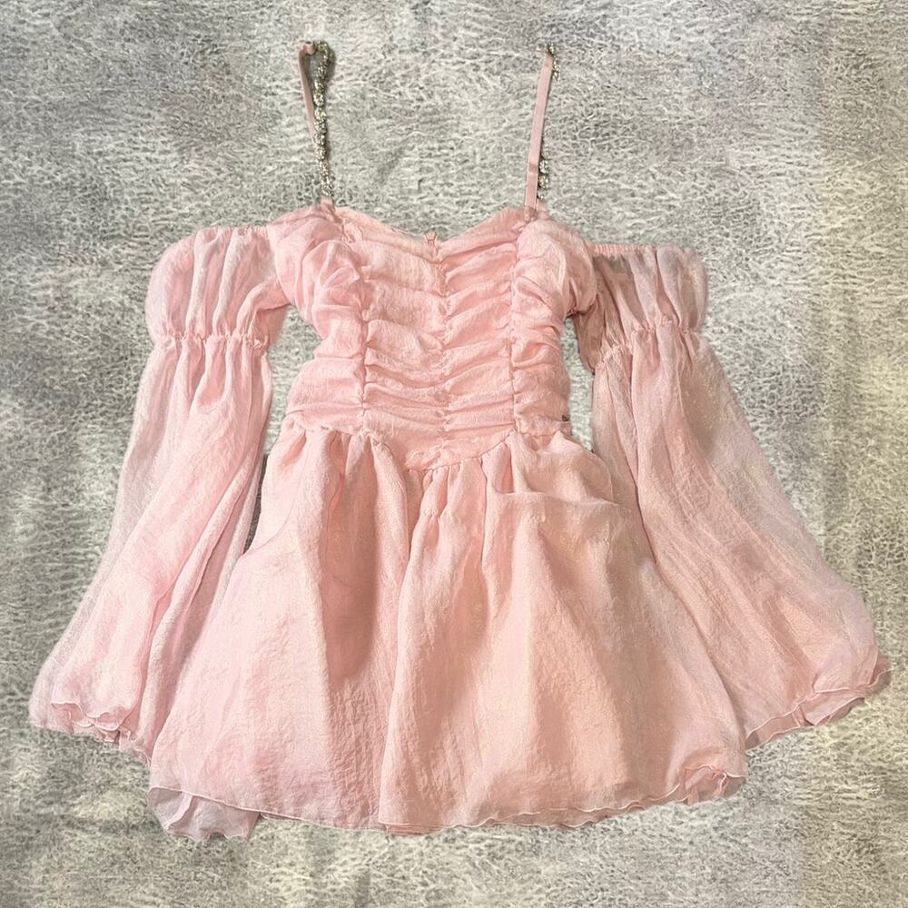 Pink Ruched Off the Shoulder Mini Dress